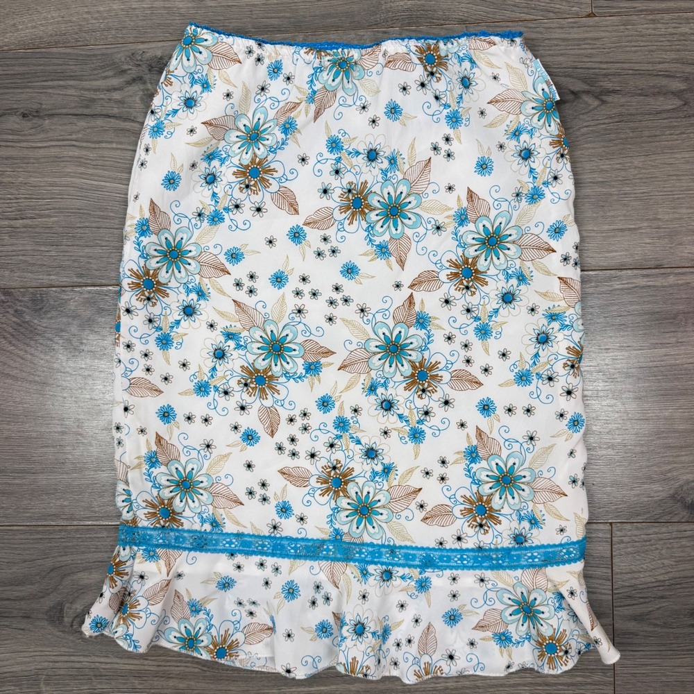 Mary‑Kate & Ashley Y2K Blue & Brown Floral Ruffle Skirt Size 7/8 Boho Lace Trim